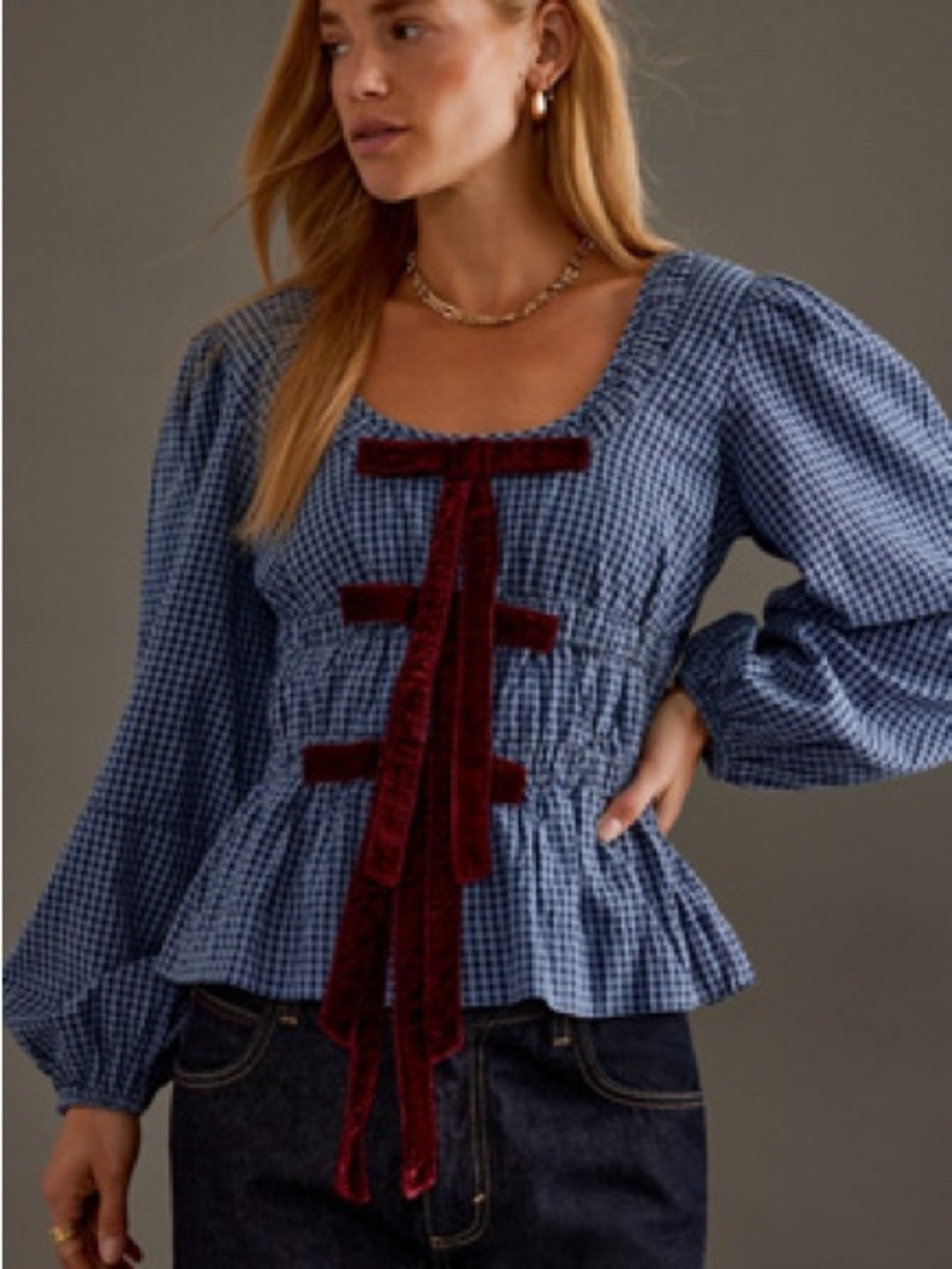 Damson Madder Blue Gingham Velvet Bow Peplum Blouse Puff Sleeve Size 14